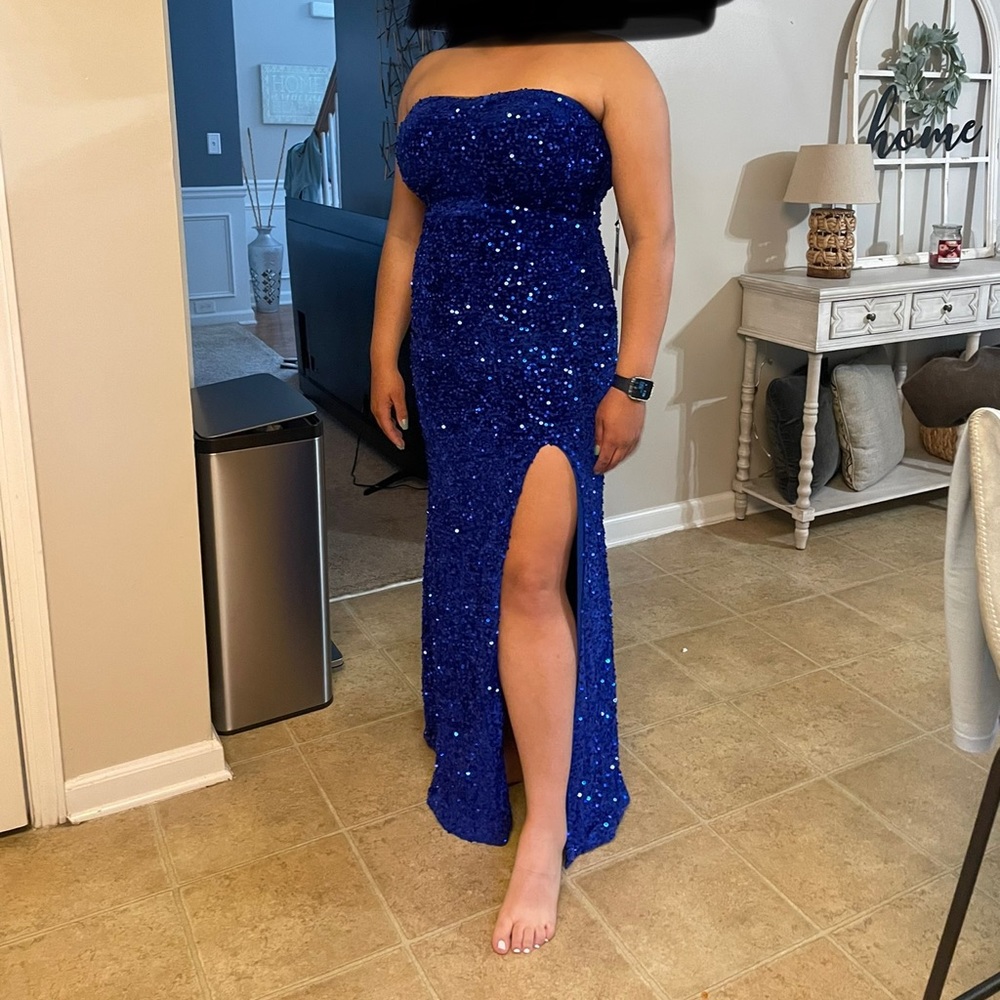 Blue sequin strapless prom dress, has a slit, size 14